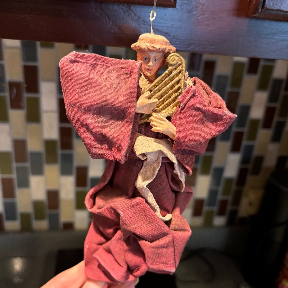 Vintage Cloth angel playing harp ornament